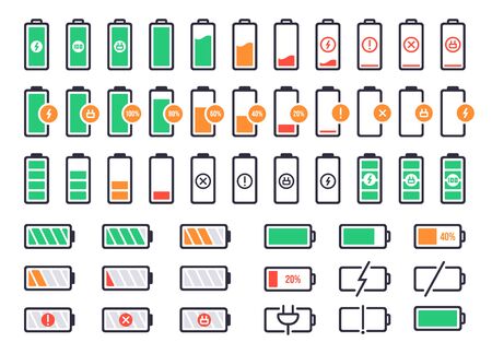 Battery charging logo. Charge power level, smartphone accumulator energy status. Cell phone battery signal indicators vector isolated icons set. Collection of device charge process iconsのイラスト素材