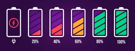 Energy level icon. Charge load, phone battery indicator, smartphone power level, accumulator energy empty and full status vector icons set. Stages of gadget recharging. Charging energy percentのイラスト素材