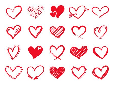 Hand drawn scribble hearts. Painted heart shaped elements for valentines day greeting card. Doodle red love hearts isolated vector icons set. Romantic sticker pack. Dotted and brush heartsのイラスト素材
