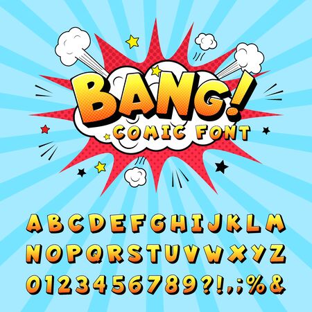 Comic book alphabet. Retro cartoon comic book graphic font elements, alphabet letters and numbers symbols vector illustration set. Creative script with letter and numeral elements. Pop art designのイラスト素材