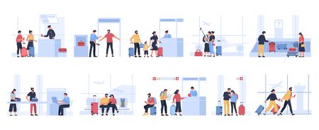 Tourists in airport. People waiting for plane in terminal, tourist characters receive passport control, pass luggage inspection or get luggage vector illustration set. Passengers before departureのイラスト素材