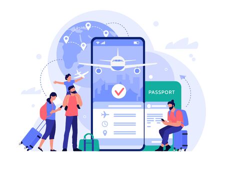 Air travel ticket buying app. People buying tickets online, phone booking service for tourism and vacation, travel concept vector illustration. Tourists with luggage making flight reservationのイラスト素材