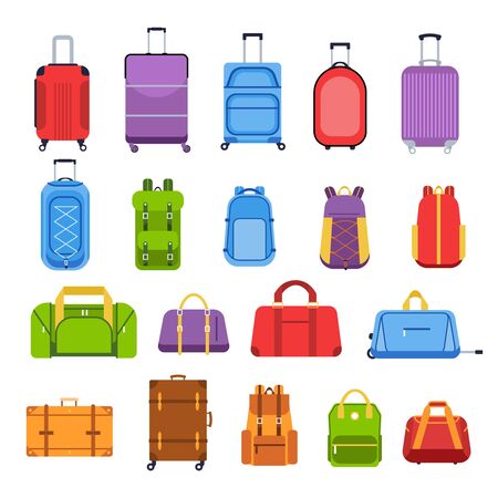 Baggage suitcases. Luggage and handle bags, backpacks, leather case, travel suitcases and bag for trip, tourism and vacation isolated vector icons set. Travel accessories colorful flat illustrationsのイラスト素材