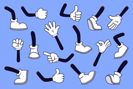 Cartoon legs and hands. Comic character gloved arm and feet in boots, retro doodle arms with different gestures, running and walking legs vector isolated illustration set. High five, footstepsのイラスト素材