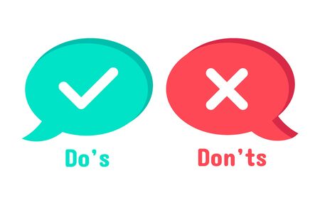 Do and Dont icons. Speech bubble checklist element, yes and no dialogue cloud box. Accept or reject symbol vector icon. Choice options. Right and wrong symbols. Correct and incorrect decisionのイラスト素材
