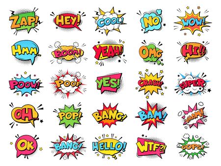 Comic book bubbles. Cartoon explosions funny comical speech clouds, comics words, thinking bubbles and graphic conversation text elements vector illustration set. Comic book emotional bubblesのイラスト素材