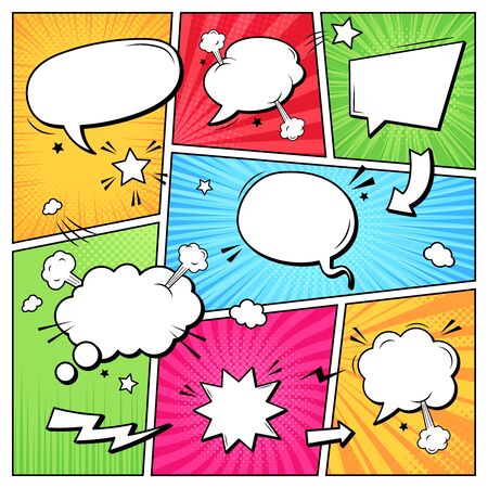 Comic books dialog bubbles. Cartoon book superhero scrapbook page template, empty comical speech clouds, graphic art frame vector layout template illustration. Pop art background with blank balloonsのイラスト素材