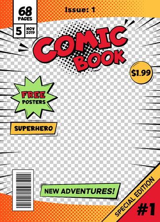 Comic book cover page template. Cartoon pop art comic book title poster, superhero comic book title page vector isolated cover template illustration. Old school comics special editionのイラスト素材