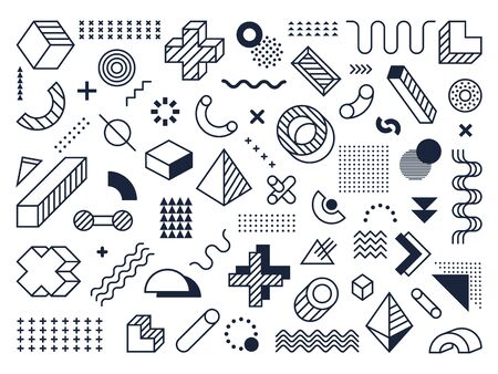 Graphical memphis element. Retro geometric design elements, 80s memphis style funky modern print vector isolated symbols collection. Old school geometrical style, volumetric objectsのイラスト素材