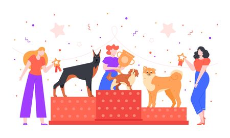 Dog show award. Female owner holding trophy golden goblet, dogs winning prize on pet show, dogs exhibition and pedestal rewarding colorful vector illustration. Pet owners characters competitionのイラスト素材