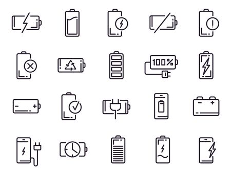 Powered charge icon. Battery charging, smartphone power level, electric charge station and recycle line art elements for UI design vector isolated icons set. Battery life indicator pictogramsのイラスト素材