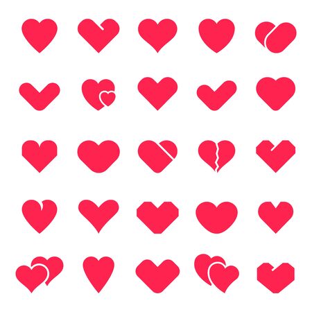 Heart shapes collection. Love symbol, red loving hearts for valentines day greeting card design, elegant romantic elements vector isolated icons set. Holiday flat illustration packのイラスト素材
