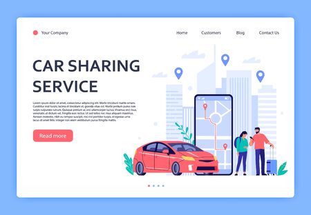 Car rent. Cars rent phone services, car sharing or taxi mobile application. Urban locations, travel points on city map landing page, vehicle dealer renting shop vector illustrationのイラスト素材