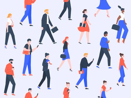 Worker people pattern. Office characters and business people group walking, modern worker team concept. Men and women going to work, cowokers togetherness seamless vector illustrationのイラスト素材
