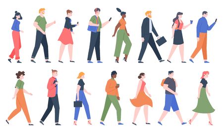 Walking people. Business men and women walk side profiles, people in seasonal and office clothes. Young and elderly moving stylish characters. Walkers isolated vector illustration icons setのイラスト素材