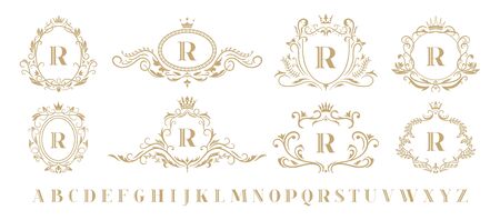 Luxury monogram. Vintage ornamental decorative monograms, retro luxury golden wreath emblem and baroque heraldic wedding frame. Luxurious whiskey or boutique emblem isolated vector icons setのイラスト素材