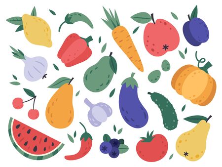 Hand draw fruits and vegetables. Doodle organic vegan tomato, eggplant vegetable, tasty fruits and berries. Natural veggies and fruits. Healthy food isolated vector illustration icons setのイラスト素材