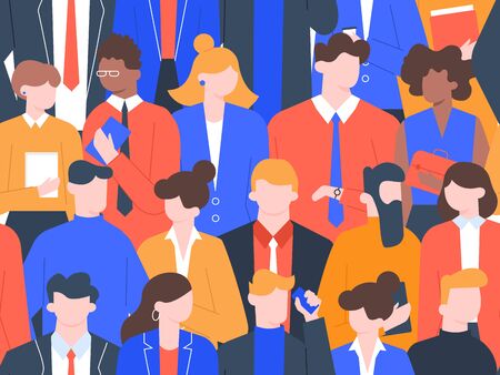 Business people crowd pattern. Office colleague characters, group of businessman in strict clothes, team standing together. It seniors, ethnic unity coworkers seamless vector illustrationのイラスト素材