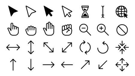 Cursor icons. Web internet scale arrow clicking computer pointer, hand mouse cursors. Static and dynamic click cursor buttons, point and selection tools isolated vector icons setのイラスト素材