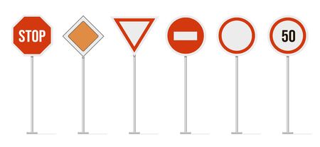 Highway road signs. Traffic road, highway limit speed street sign, restricted urban and highway symbols. Regulatory, warning, and guide character signs vector isolated icon set. Direction sign boardsのイラスト素材