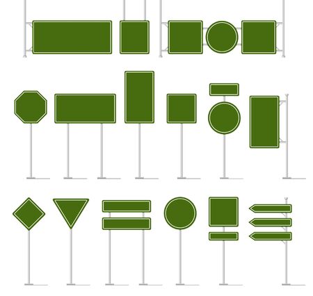 Road traffic signboard. Green blank traffic signs, empty direction sign board mockup, street location arrow and warning highway square text panel and billboard vector isolated icon in different shapesのイラスト素材