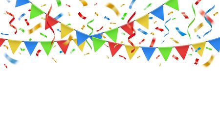 Party confetti and color flags. Celebration decorative paper streamers, birthday party banner confetti explosion and fiesta festive bunting template isolated vector carnival garland illustrationのイラスト素材