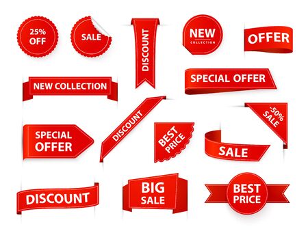 Label tags. Realistic price ribbon tag, red market flags, retail and marketing best offer labels and stickers. Shopping sales sticker template vector illustration set. Corner sale new product elementsのイラスト素材