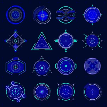 Futuristic optical aim. Ui technology aiming, weapon military futuristic sights and weapon target, sniper crosshair game collimator, future targets focus vector set. HUD technology future elementsのイラスト素材
