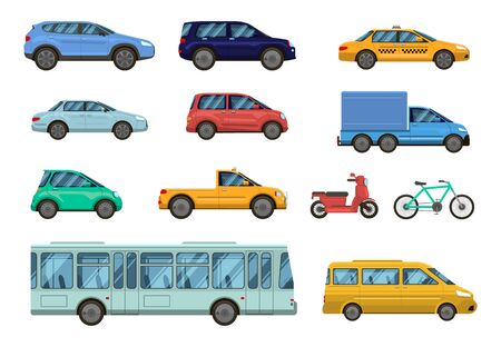 Transportation vehicle. Public cars, taxi, city bus and motorcycle, bike. Road urban public transport, car side view collection vector isolated setのイラスト素材