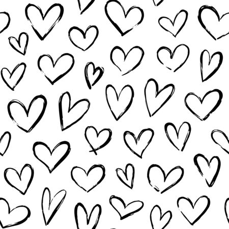 Sketch hearts pattern. Hand drawn valentines love heart ornament for wrapping paper, anniversary greeting cards, black ink romance hearts vector seamless background. romantic print wallpaper textureのイラスト素材