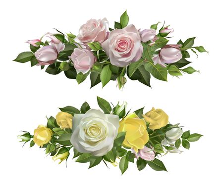 Rose flowers realistic borders. Flower decorative frame, tender flowers with leaves and burgeon, floral blossom element for wedding card and invitation vector natural botanic love elementsのイラスト素材