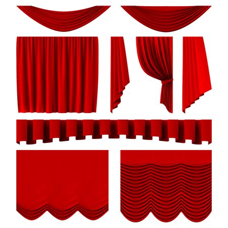 Red stage curtains. Realistic theater stage decoration, dramatic red luxurious curtains. Scarlet silk velvet curtains vector illustration set. Movie, cinema hall Interior decorのイラスト素材