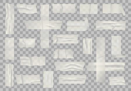 Transparent adhesive tape. Sticky transparent tapes, adhesives piece of taped paper and stickers stripes isolated vector set. Realistic wrinkled sticky ribbonsのイラスト素材