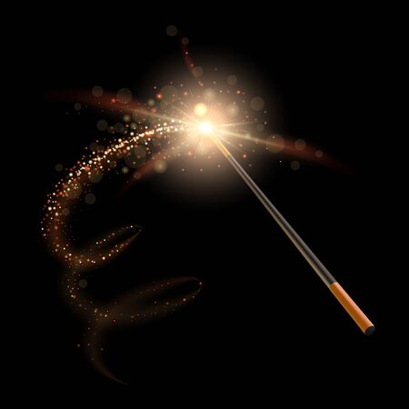 Wizard magic wand. Sparkles wizard glitter golden trail and miracle isolated magician wand, magical stick with sparkle transparent lights vector illustration. mystery illusion conceptのイラスト素材