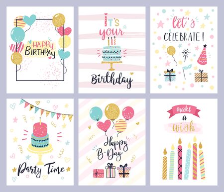 Birthday party cards. happy birthday pastel celebration postcards, invitation with candle, golden balloons and confetti, cake. kids cheerful holiday flyers vector templates