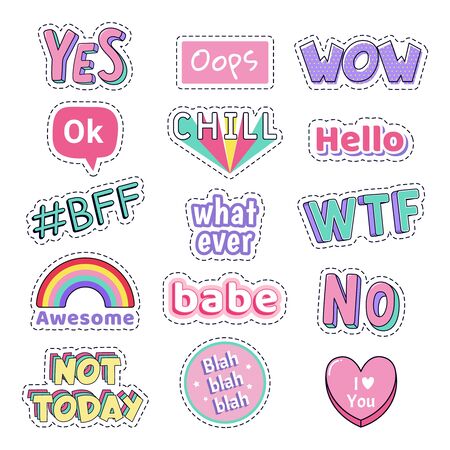 Teenage speech patch stickers. Girls fashion funny text patches. Oops, Wow and Yes, No cute doodle teenage pop art sticker, vector illustration icon set. WTF, Chill and Hello funny text bubblesのイラスト素材