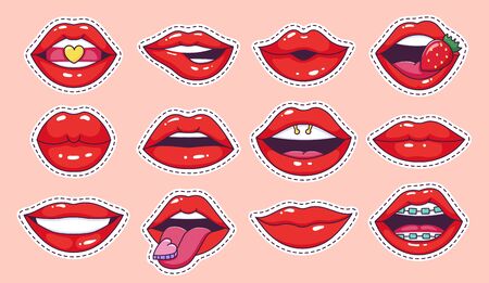 Lips pop art stickers. Cool vintage comic girl lips badges, teenage cartoon patch, candy lips with strawberry glossy lipstick vector illustration icon set. 80s, 90s female mouth fashion labelsのイラスト素材