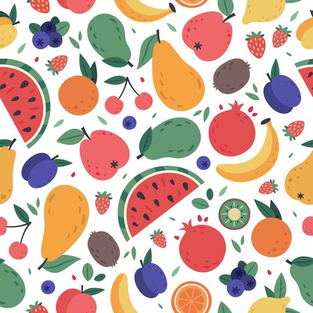 Fruits seamless pattern. Hand drawn doodle fruits, berries wrapping paper, vegan fabric or vegetarian meal menu, watermelon, mango, banana and strawberry vector background. tropical juice productsのイラスト素材