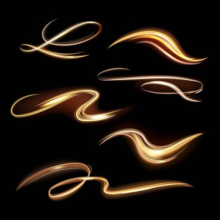 Spiral shining trail. Energy golden flame, glow transparent trails, spiral light effect waves and beautiful light path vector illustration isolated set. vibrant magic power yellow tailsのイラスト素材