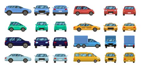 Car views. Front and profile side car view, urban traffic transport of different views. Auto transport vector isolated set. Motor vehicles top, back and front. pickup, suv and hatchback, taxi sedanのイラスト素材
