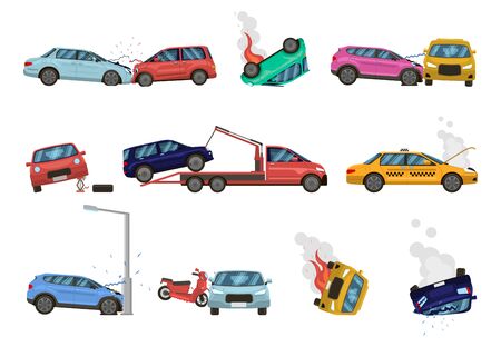 Vehicle damage. Transport crash and dangerous damage, broken, fractured vehicles, different unpleasant situations on city road vector illustration set. damaged cars assistance, insurance iconsのイラスト素材