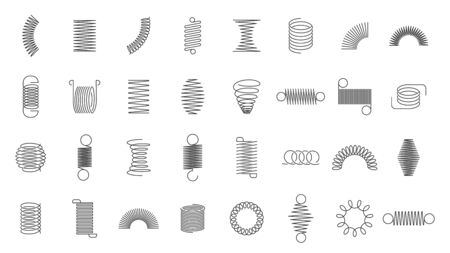 Spring coils. Metal spiral spring, car motor coil swirls silhouette, wire springs, metallic flexible coils and line steel curved spiral isolated vector icons set. black steel helix, suspension symbolsのイラスト素材