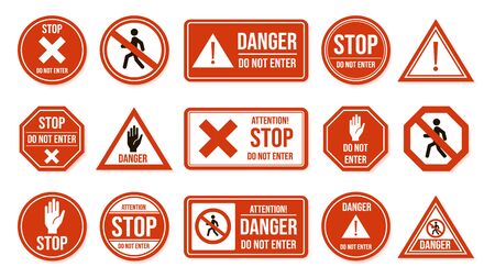 Traffic stop signs. Do not enter, warning traffic road sign. Stop, no admittance, prohibitory character street driving directions vector isolated icons. transportation forbidden, enforcement symbolsのイラスト素材