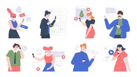 People use smartphones. Characters talking, taking selfies and listening to music using smartphone, men and women holding portable digital gadget vector set. Adult guys with cell phones chattingのイラスト素材