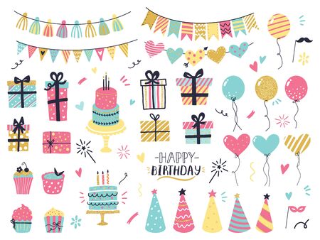 Party celebration hand drawn elements. Greeting birthday party card details, colorful balloons, garlands, cupcakes, confetti and cakes with candles. Greeting, invitation card vector isolated setのイラスト素材