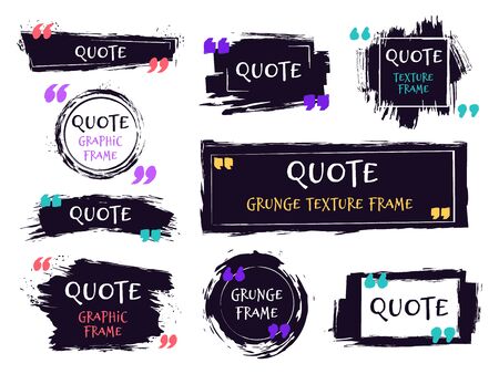 Quote brush text box. Grunge textured label, sketch brush template, hand drawn rough speech bubbles. Remark label frames vector isolated icons set. black ink grungy framing for motivation messageのイラスト素材