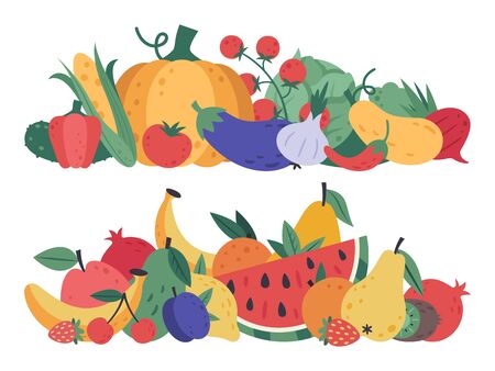 Fruits and vegetables. Doodle food, stack of vegetables and fruits, healthy lifestyle and vegan vitamins raw diet, natural fruits and greens isolated vector cartoon detox menu vegetarian elementsのイラスト素材