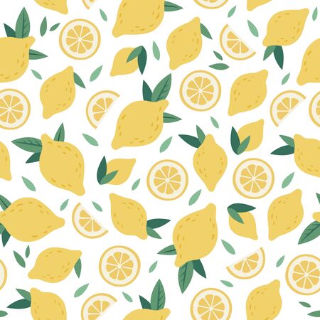Citrus seamless pattern. Lemon cartoon funny hand drawn graphics, decorative doodle print with juicy yellow citrus, fresh lemons and green leaves vector background illustration. tropical fruit textureのイラスト素材
