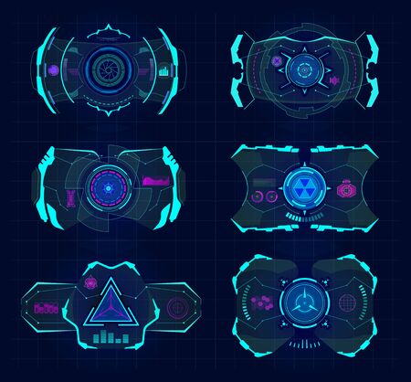 Futuristic virtual screen. Hud technology frame, virtual tracking aim, hud digital device interfaces. Computer hud vr future display, smart glasses vector illustration setのイラスト素材