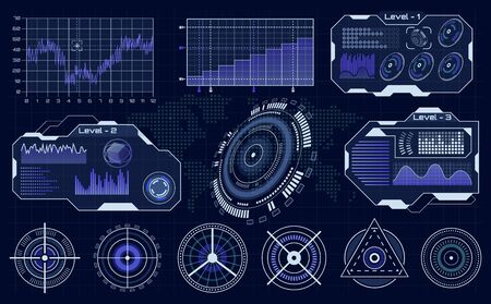 Futuristic hud interface. Technological hud hologram, loading diagnostic display, digital infographic ui elements vector set. Virtual reality device visualization, gaming interactive control panelのイラスト素材